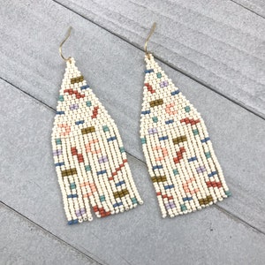 Confetti beaded fringe earrings Beige with colorful, geometric design Handmade statement earrings for women image 4