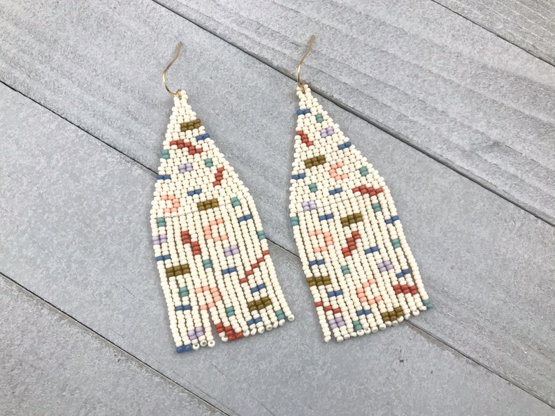 Confetti beaded fringe earrings Beige with colorful, geometric design Handmade statement earrings for women image 4