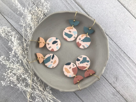 Terrazzo Style Clay Earrings Terra Cotta Mustard and Sage Dangles Your Choice of Accent Color Handmade Statement Jewelry for Women Etsy