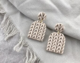 Knit arches in beige - Polymer clay statement earrings - Monochromatic neutrals - Handmade jewelry for women