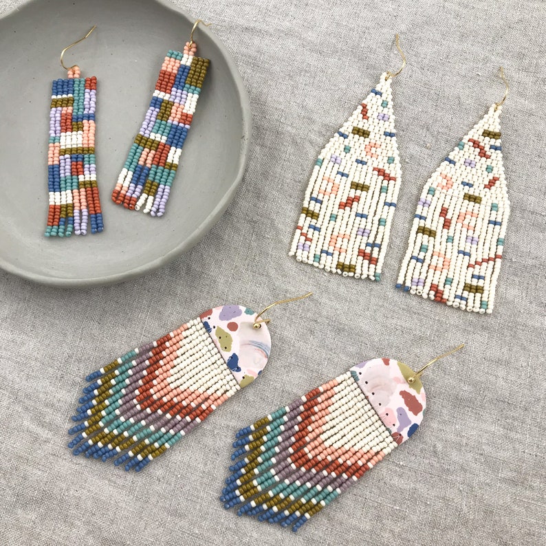 Confetti beaded fringe earrings Beige with colorful, geometric design Handmade statement earrings for women image 2