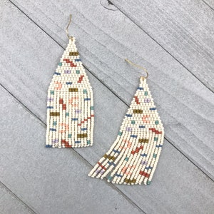 Confetti beaded fringe earrings Beige with colorful, geometric design Handmade statement earrings for women image 1