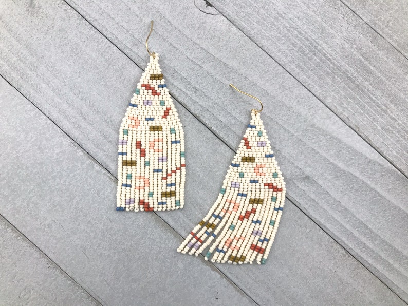 Confetti beaded fringe earrings Beige with colorful, geometric design Handmade statement earrings for women image 1