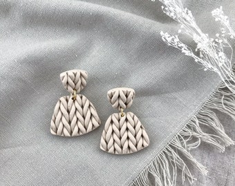 Knit fans in beige - Polymer clay statement earrings - Monochromatic neutrals - Handmade jewelry for women