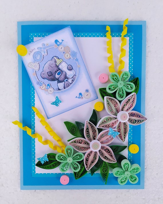 Quilling Card 3D-Grußkarte Für Neugeborene – Blaue Handwerkskunst, Inkl. Umschlag