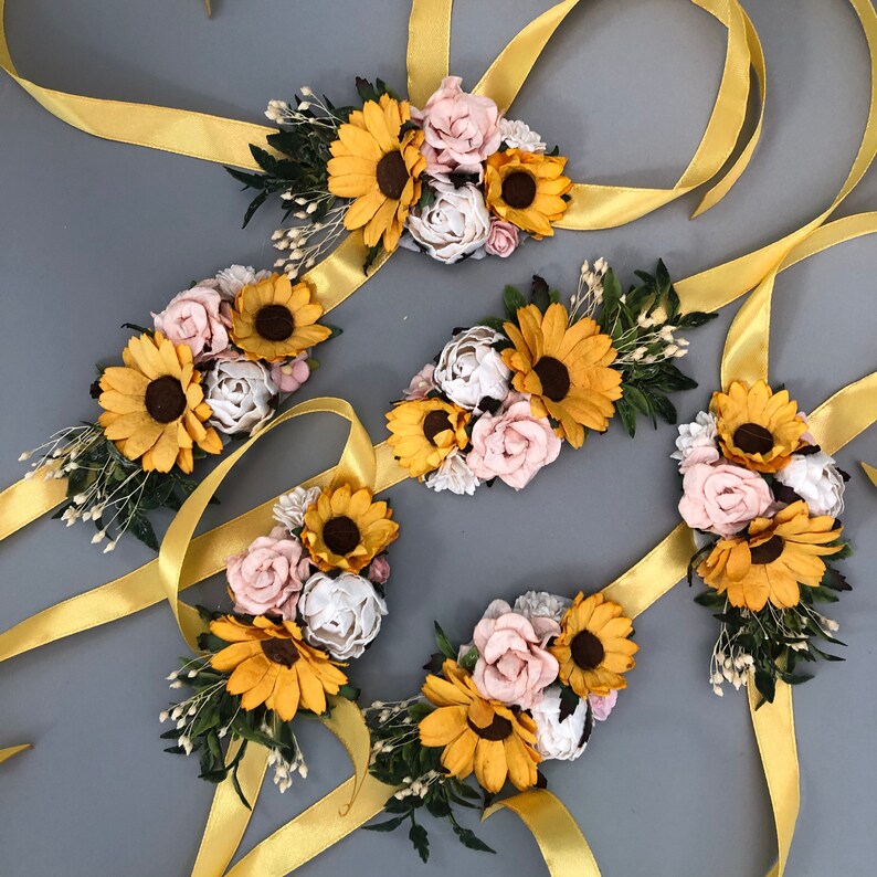 Sunflower wrist corsage Sunflower corsage Floral wrist Etsy