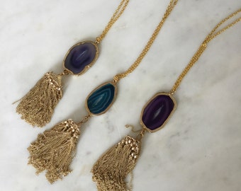 Agate Slice Crystal Tassel Necklace, Gold Plated Agate Necklace, Metal Chain Tassel