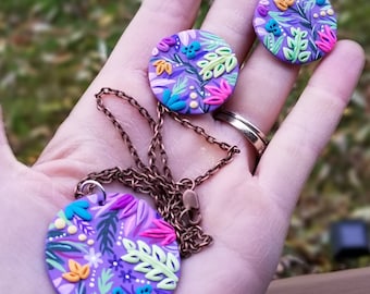 Purple and White Pendant and Earring Set Original Hand-painted Blue