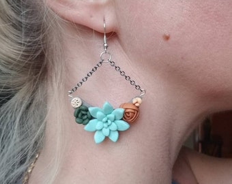 Handmade polymer clay succulent chain dangle earrings, succulent dangle earrings, succulent earrings,succulent jewelry birthday gift for her