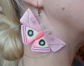 Polymer clay pink IO moth statement earrings, pink moth statement hoop earrings, pink moth earrings, moth hoop earrings, entomology gift