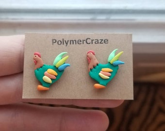 Polymer clay rooster stud earrings, rooster stud earrings, rooster earrings, chicken earrings, farm animal stud earrings, farm animal lover