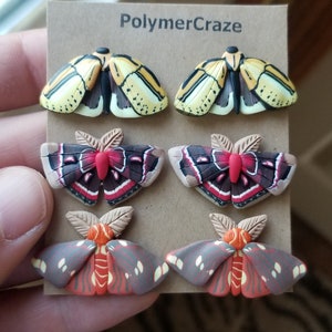 Polymer clay moth stud earrings, moth stud earrings, moth earrings, entomology stud earrings, Cecropia stud earrings, moth jewelry gift