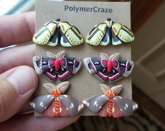 Polymer clay moth stud earrings, moth stud earrings, moth earrings, entomology stud earrings, Cecropia stud earrings, moth jewelry gift