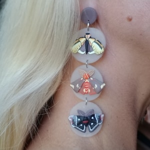 Polymer clay moth statement earrings, moth statement earrings,  moth earrings, Regal moth, Calleta moth, entomology moth gift for her