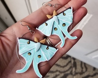 Polymer clay Luna Moth statement hoop earrings, Luna Moth earrings, hoop earrings, statement hoop earrings, statement earrings, moth earring