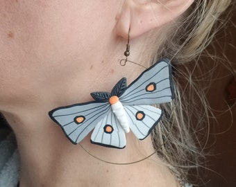 Handmade polymer clay Ghostly moth hoop earrings, ghostly moth hoop earrings, moth statement earrings, moth earrings, gothic moth earrings