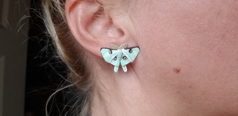 Polymer clay moth stud earrings, luna moth stud earrings, tiger moth earrings, atlas moth stud earrings, moth stud earrings jewelry gift immagine 3