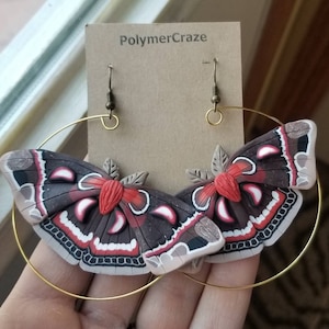 Polymer clay Cecropia moth earrings, Cecropia moth earrings, Cecropia moth statement earrings, moth earrings, moth lover jewelry for her