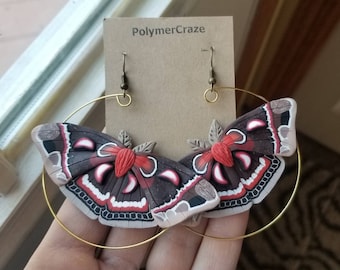 Polymer clay Cecropia moth earrings, Cecropia moth earrings, Cecropia moth statement earrings, moth earrings, moth lover jewelry for her