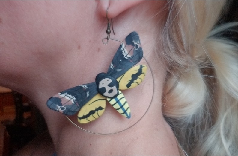 Polymer clay death head hawk moth hoop earrings, death head moth earrings, moth statement earrings, moth earrings, entomology gift for her image 3