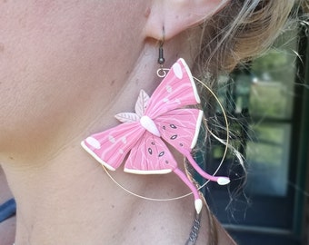 Polymer clay pink moth statement hoop earrings, pink moth hoop earrings, moth statement earrings, statement earrings, moth entomology gift