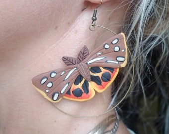 Polymer clay Pattons tiger moth statement hoop earrings, tiger moth earrings, moth earrings, hoop earrings statement earrings, entomology