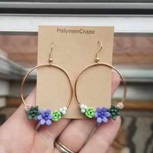 Handmade polymer clay purple succulent hoop earrings, succulent hoop earrings, succulent earrings, succulent jewelry birthday gift for her