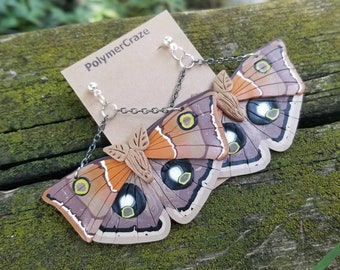 Polymer clay Polyphemus moth earrings, Polyphemus moth earrings, moth earrings, moth statement earrings, moth lover jewelry gift for her