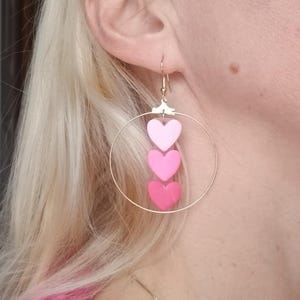 Polymer clay heart hoop earrings, heart hoop earrings, Valentine&#39;s Day heart earrings, Valentine gift for her, Valentine pink heart earrings