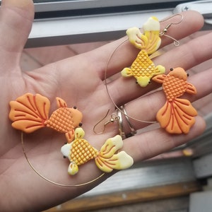 Polymer clay goldfish hoop earrings, goldfish hoop earrings, gold fish earrings, fish lover earrings gift for her, hoop earrings image 2