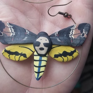 Polymer clay death head hawk moth hoop earrings, death head moth earrings, moth statement earrings, moth earrings, entomology gift for her image 4