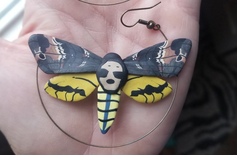 Polymer clay death head hawk moth hoop earrings, death head moth earrings, moth statement earrings, moth earrings, entomology gift for her image 4
