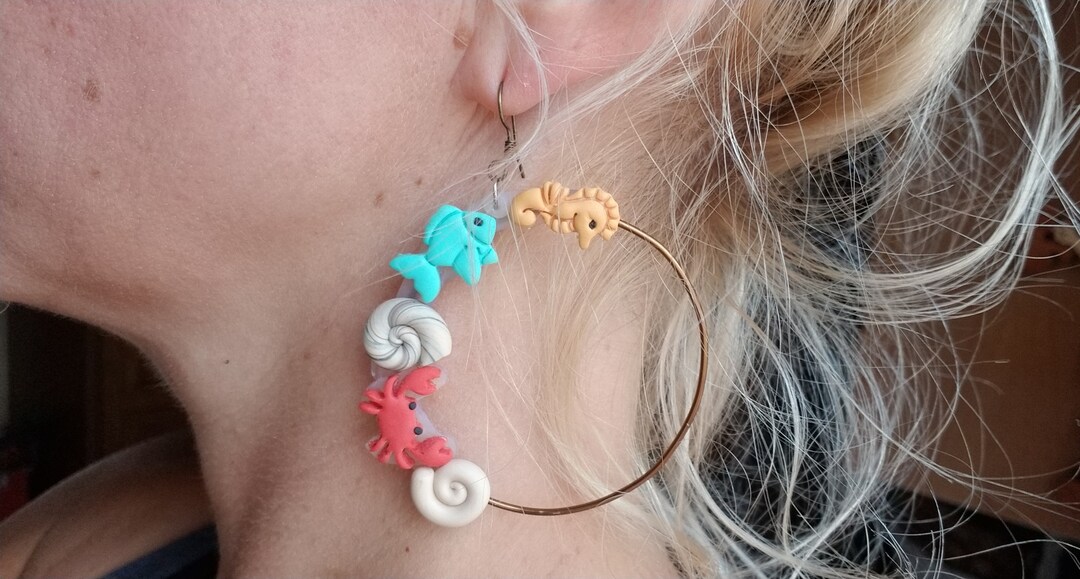 Polymer Clay Beach Hoop Earrings, Statement Hoop Earrings, Crab