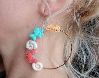 Polymer clay beach hoop earrings, statement hoop earrings, crab earrings, sea shell earrings, beach shell earrings, sea horse earrings