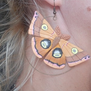 Polymer clay Polyphemus moth hoop earrings, moth earrings, moth statement earrings, Polyphemus moth earrings, entomology gift, moth lover