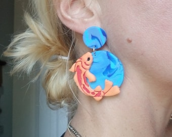 Polymer clay koi fish statement earrings, koi fish earrings, statement earrings, polymer clay earrings, fish lover earrings, koi jewelry