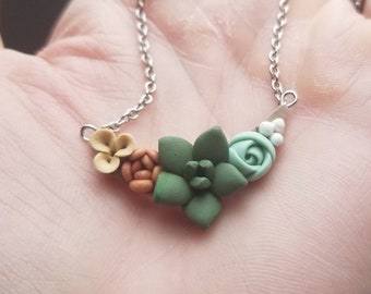 Polymer clay succulent necklace, succulent pendant necklace, succulent necklace jewelry birthday gift for her, succulent jewelry