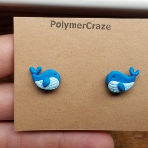 Polymer clay blue whale stud earrings, blue whale earrings, blue whale jewelry, whale jewelry gift, blue whale stud earrings, whale charm