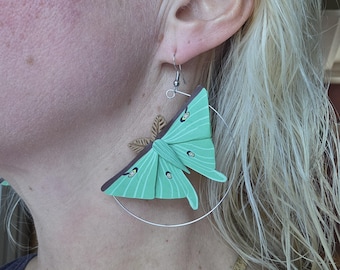 Handmade polymer clay Luna moth statement earrings,Luna moth hoop earrings,Luna moth earrings,hoop earrings,entomology insect gift for her