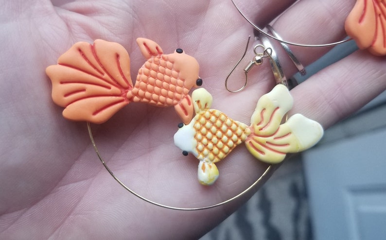 Polymer clay goldfish hoop earrings, goldfish hoop earrings, gold fish earrings, fish lover earrings gift for her, hoop earrings image 3