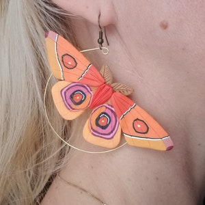 Polymer clay Madagascar moth hoop earrings, moth hoop earrings, moth earrings, moth jewelry, moth lover earrings jewelry moth gift for her