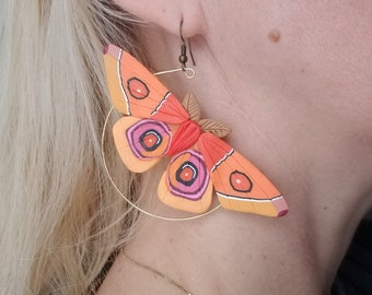 Polymer clay Madagascar moth hoop earrings, moth hoop earrings, moth earrings, moth jewelry, moth lover earrings jewelry moth gift for her