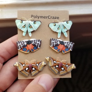 Polymer clay moth stud earrings, luna moth stud earrings, tiger moth earrings, atlas moth stud earrings, moth stud earrings jewelry gift immagine 1