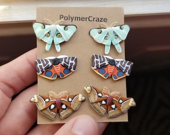 Polymer clay moth stud earrings, luna moth stud earrings, tiger moth earrings, atlas moth stud earrings, moth stud earrings jewelry gift