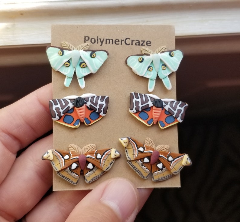 Polymer clay moth stud earrings, luna moth stud earrings, tiger moth earrings, atlas moth stud earrings, moth stud earrings jewelry gift immagine 1