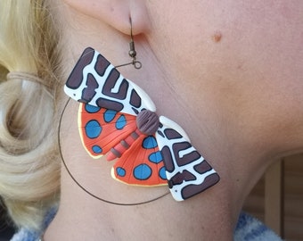 Polymer clay Garden Tiger moth statement hoop earrings, Garden tiger moth earrings, Tiger moth hoop earrings, moth earrings, hoop earrings