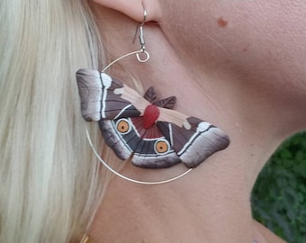 Polymer clay Emperor moth statement earrings, Emperor moth earrings, moth earrings, moth statement earrings, moth hoop earrings, moth lover