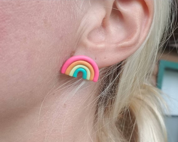 Polymer clay bright mini rainbow stud earrings, rainbow stud earrings, rainbow earrings, mini rainbow stud earrings, rainbow earrings