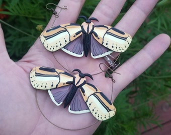 Polymer clay Hieroglyphic moth hoop earrings, Hieroglyphic moth earrings, moth hoop earrings, moth statement earrings, entomology gift