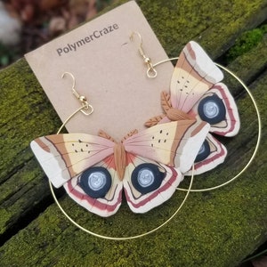 Handmade polymer clay IO moth statement hoop earrings, moth hoop earrings, moth statement earrings, moth earrings entomology jewelry gift